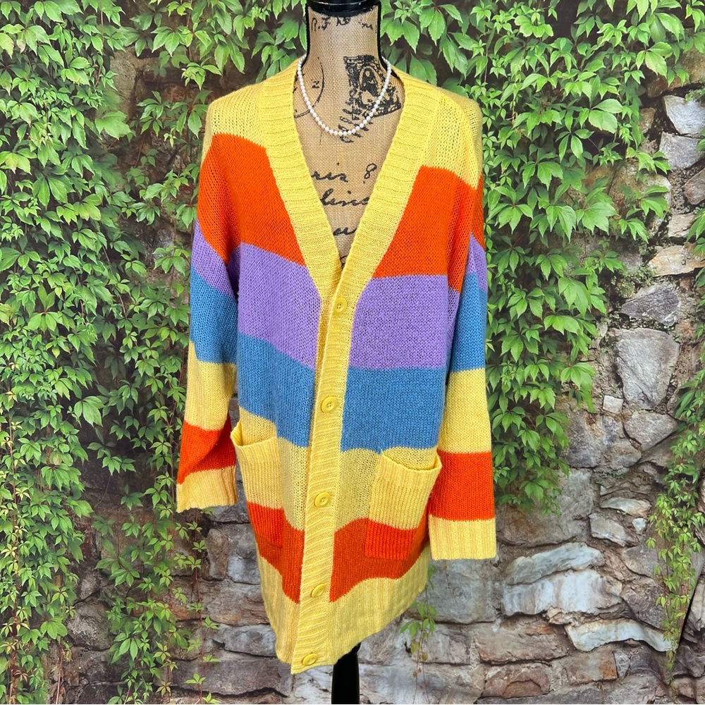 LULAROE Chunky Colorful Cozy Rainbow Striped Oversized Cardigan Sweater, M - Picture 2 of 11
